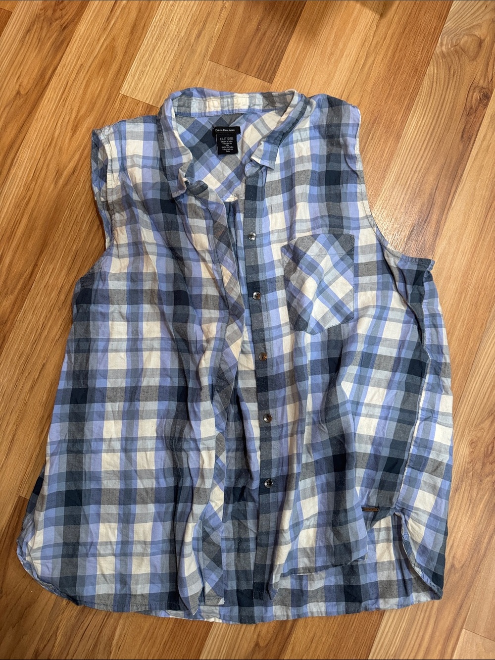 Calvin Klein Jeans Blue and White Plaid Sleeveless Button-Down Shirt